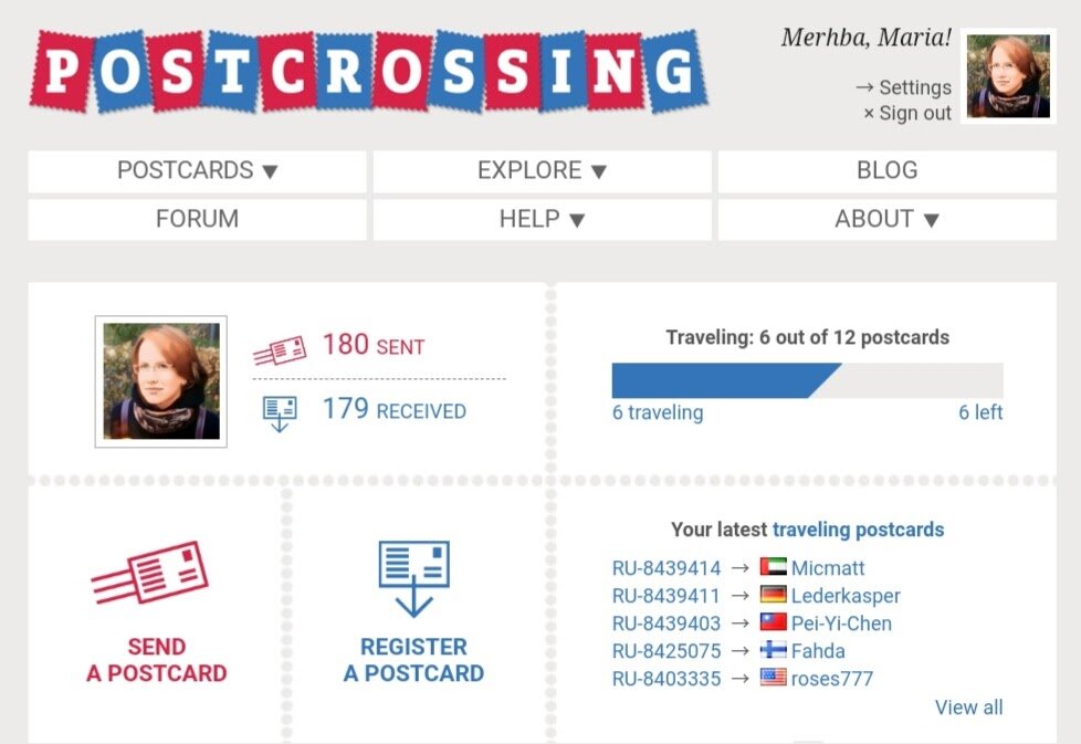 Первая страница моего профиля на Postcrossing.com.