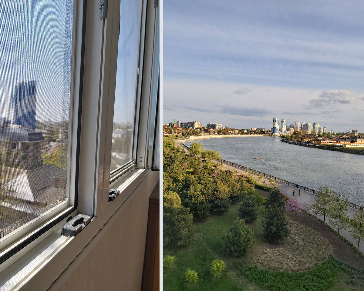 Вид из окон на реку Кубань и старый центр Краснодара.