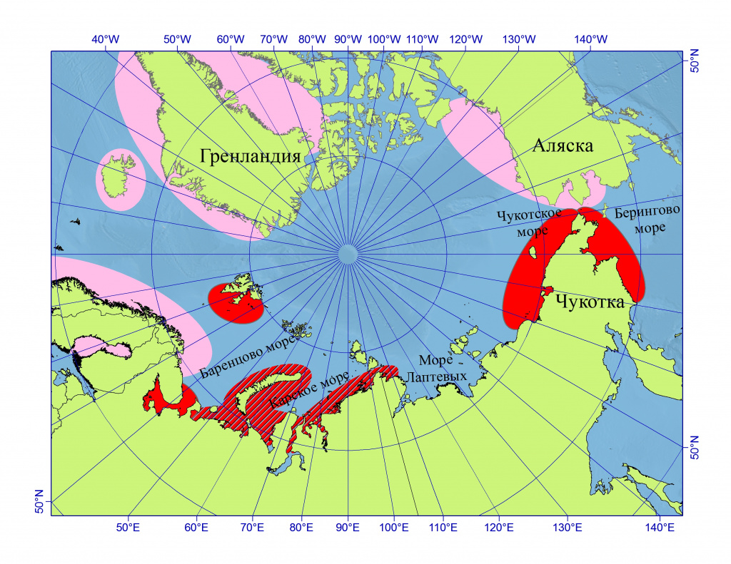 Районы китобойного промысла относящиеся к древнему и историческому периоду. Районы в розовом – районы промысла других стран; сплошной красный – районы добычи китов и белухи; красный заштрихованный – районы добычи только белух.  -                Иващенко Ю. История китобойного промысла в Русской Арктике - https://goarctic.ru