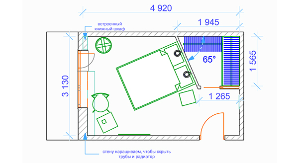 При составлении плана мы ориентировались на типовую квартиру жилого дома серии ГМС-1. Площадь комнаты 15, 4 кв. м, высота потолков 3 м.