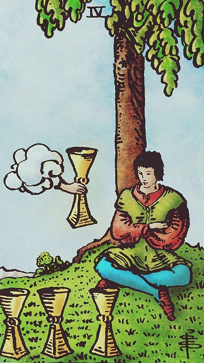 Таро телема королева кубков. Кубки 4 таро. 4 чаш таро райдера уэйта. Памятка таро. Четверка кубков таро.