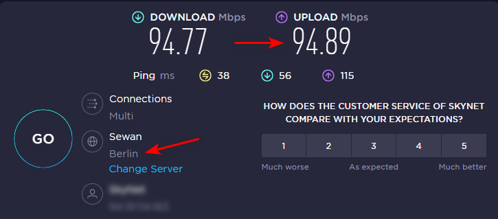 При тесте скорости специально указан сервер Sewan (Berlin), т.к. большинство серверов стриминговых сервисов находятся в Европе.