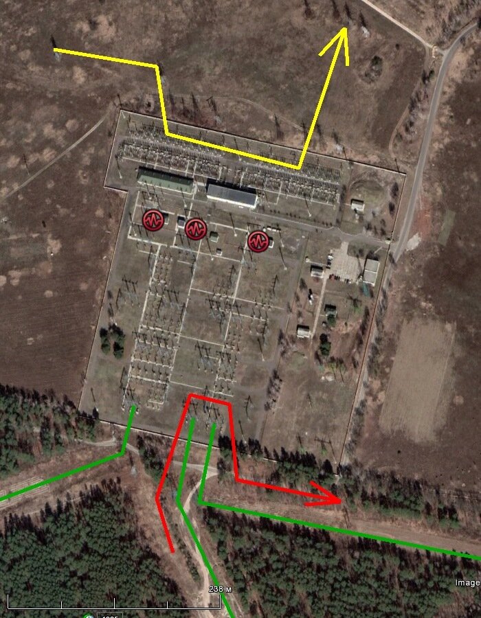 ПС 330/110/10 кВ Северная и её основные функции: транзит по киевскому энергокольцу 330 кВ (красная стрелка), трансформация 330/110 кВ (значки осциллографа), транзит по сети 110 кВ (жёлтая стрелка)