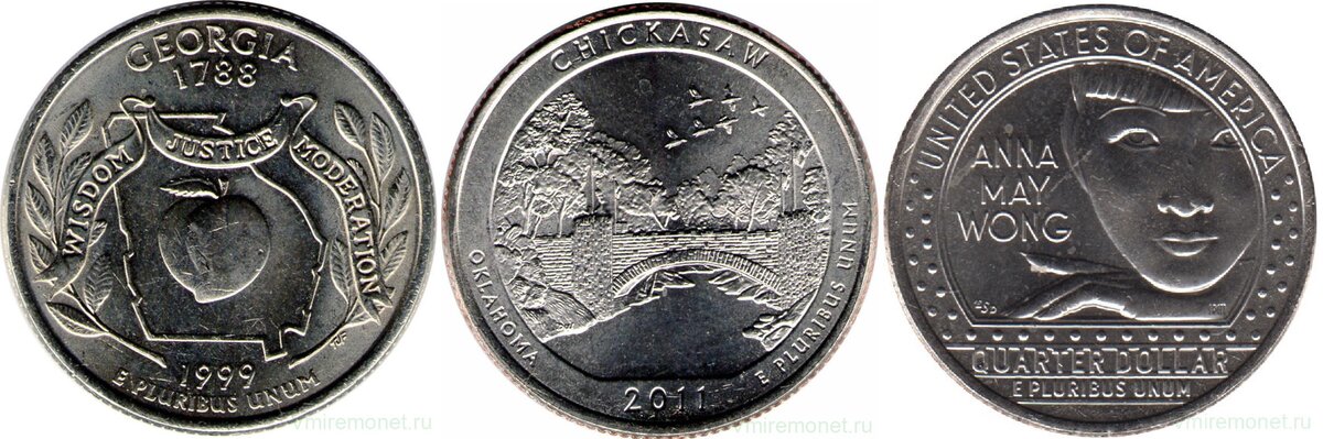 Серии квотеров: Джорджия из серии «Штаты и территории Америки», 1999 г; Чикасо из серии «Национальные парки Америки» («Прекрасная Америка»), 2011 г; Анна Мэй Вонг из серии «Женщины Америки», 2022 г. 