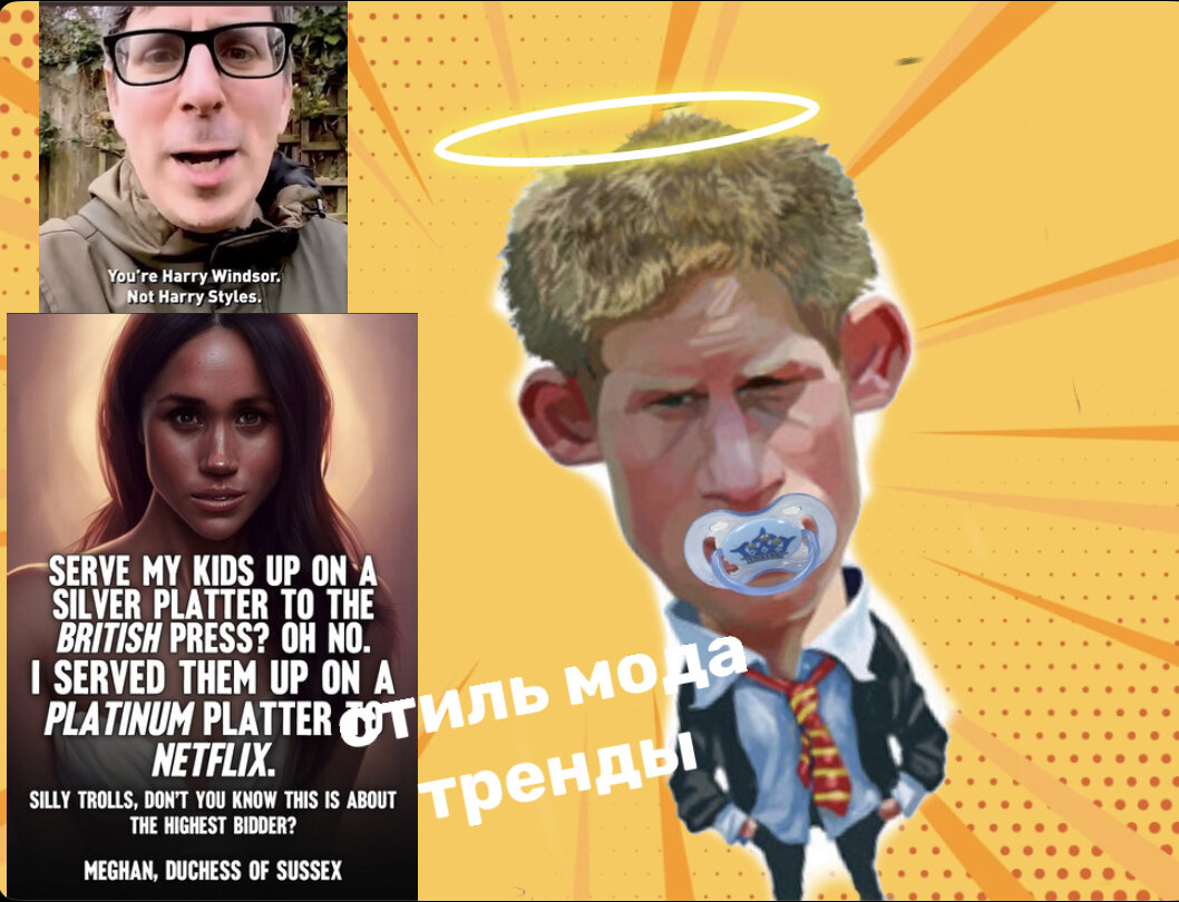 На первом фото в моем фотоколлаже: «Ты Гарри Виндзор, а не Гарри Сайлс!». На фото втором Меган: «Подать моих детей на серебряном блюдечке британской прессе? О нет! А Я преподнесу их на платиновом блюде Netflix! Бедные тролли, что вы знаете о максимальной ставке?»