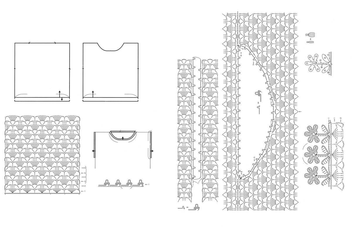 Схемы и выкройки для вязания цветочного топа со спущенным рукавом