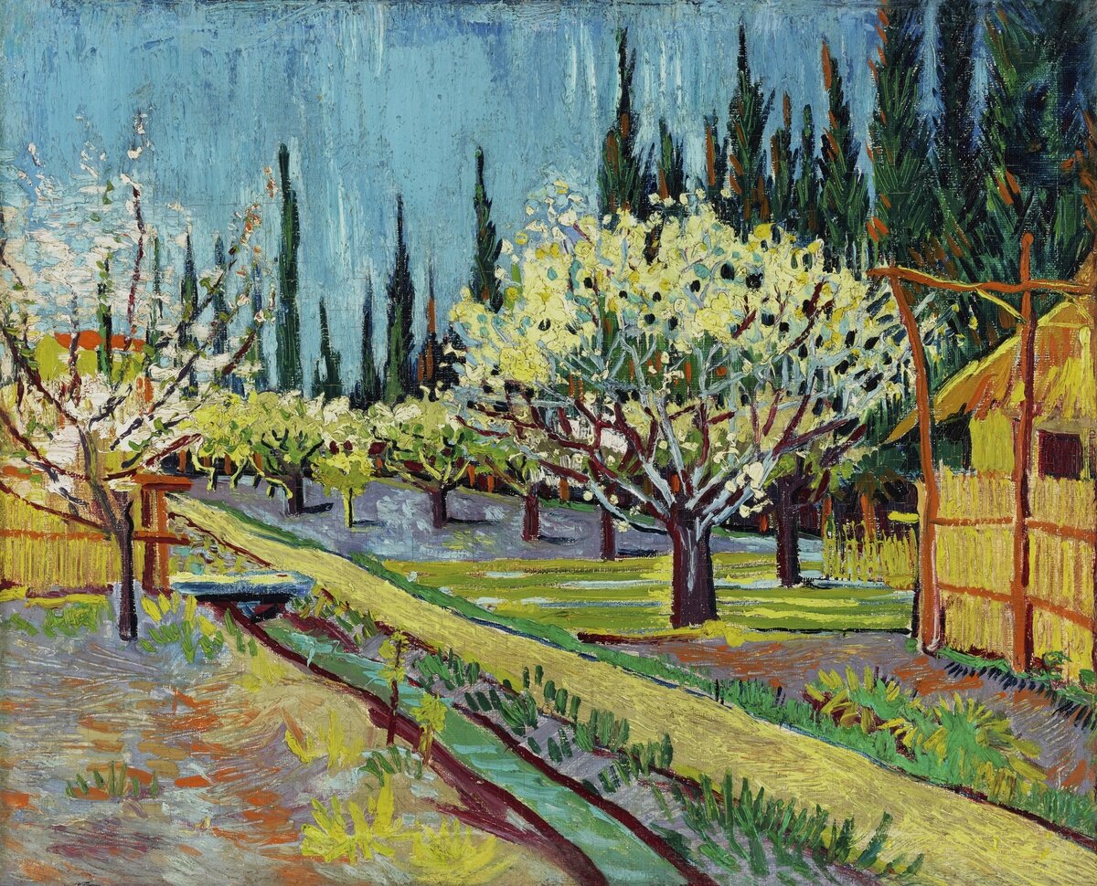 Orchard Bordered by Cypresses (1888) by Vincent Van Gogh. Original from the Yale University Art Gallery.