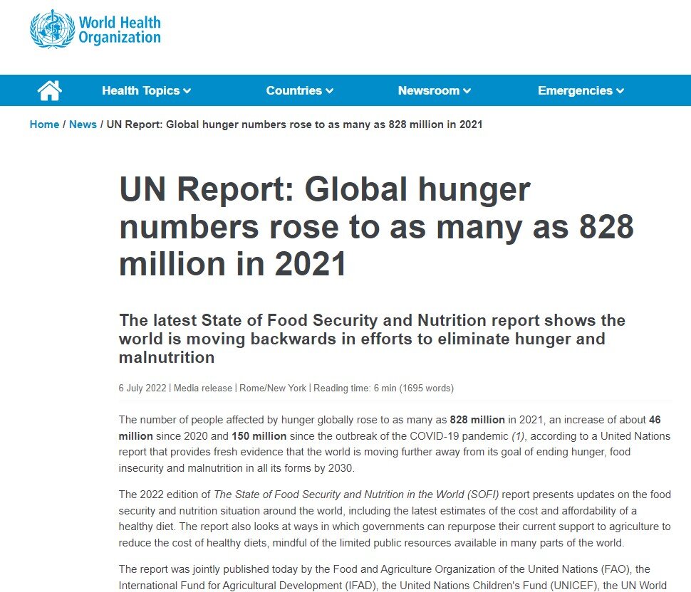 According to the UN report, in 2021, the number of hungry people in the world reached 828 million, which is 46 million more than a year earlier, and 150 million more than in 2019.
