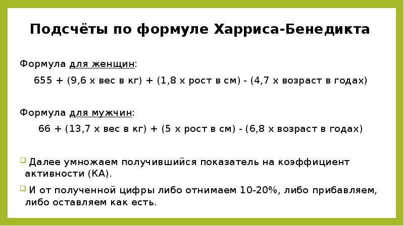 Схема подсчета калорий