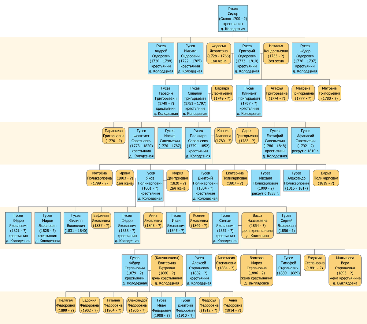 Фрагмент родословной Гусевых в XVIII-XIX вв.