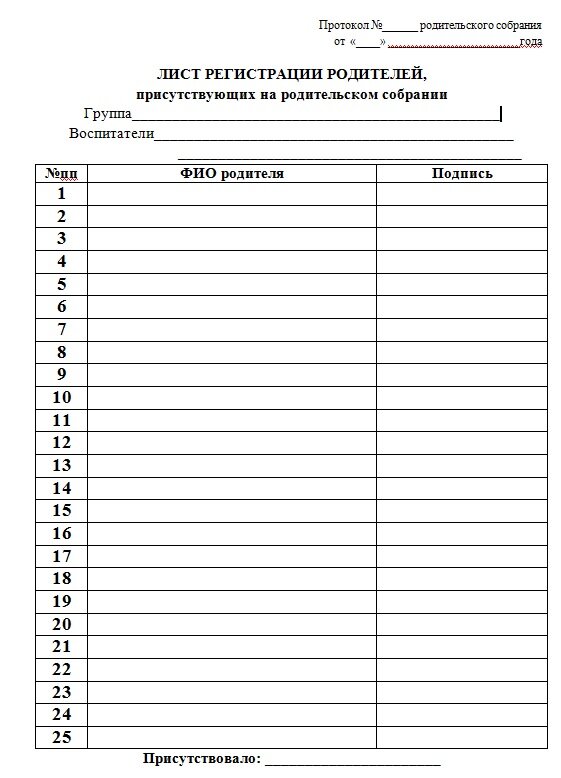 Пример регистрационного листа