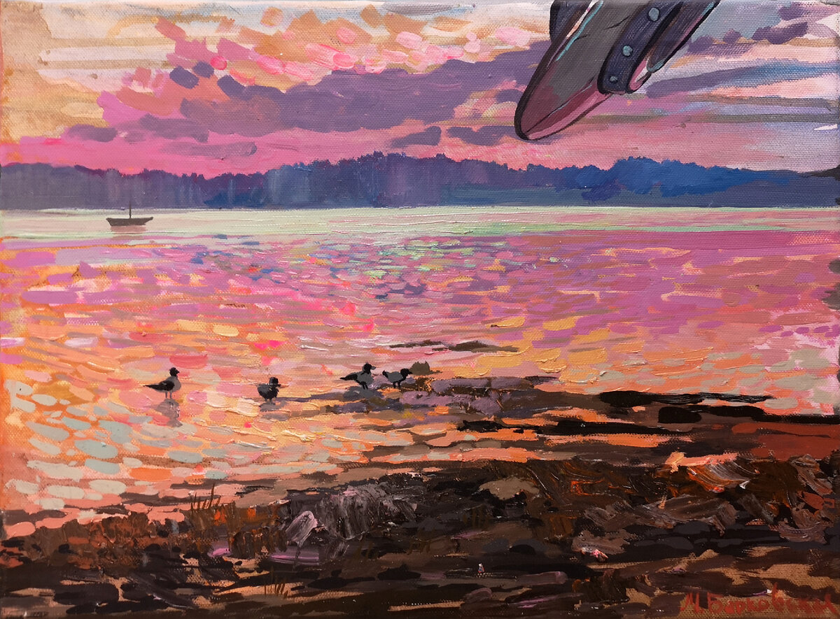 Прилетели! Озеро в Галиче 35х45см холст/масло Мария Барковская