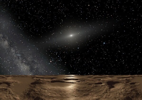 ДАЛЬНЕЕ СОЛНЦЕ. Полдень, сделанный художником на Седне, самой далекой от Солнца малой планете, показывает далекие слабые лучи нашей звезды. Температура тела Седны в этом безвоздушном замороженном мире –400 ° F.  