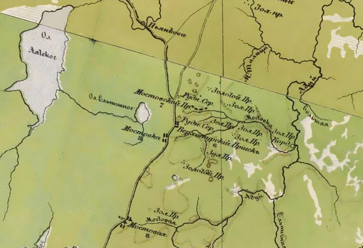 Этот фрагмент старинной карты Стрельбицкого наглядно показывает, насколько многочисленны тут были золотые прииски