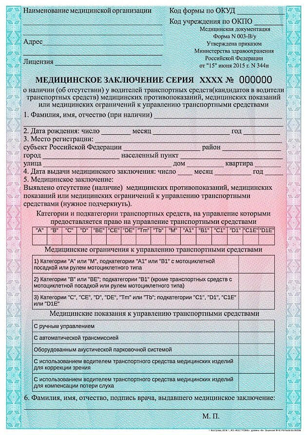 Образец водительской медицинской справки.