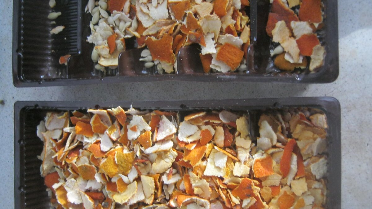    Высохшую  кожуру  ломаем на  мелкие  кусочки