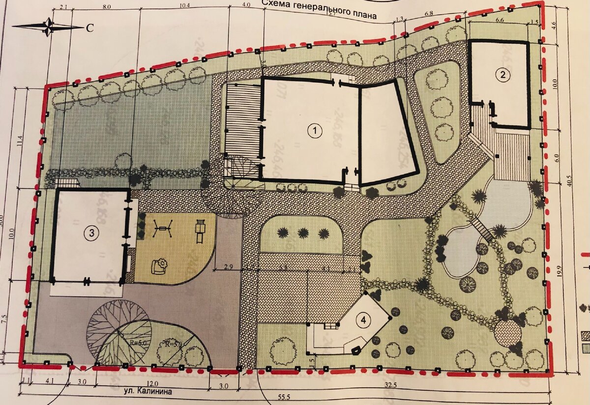 1 - дом, 2 - баня, 3 - гараж, 4 - беседка