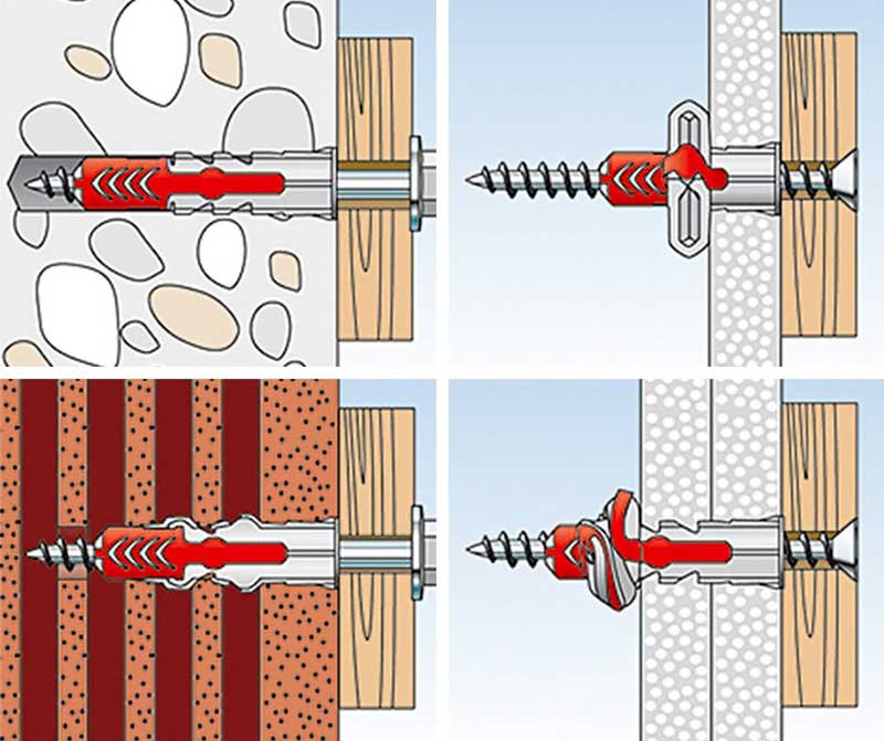Принцип работы напоминает "бабочку"  и "молли", но на разных основаниях поведение дюбеля отличается, что хорошо видно на схеме