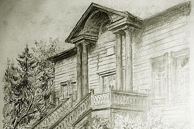 Репродукция рисунка дома в Щелыково, где родился драматург Александр Николаевич Островский, из коллекции Литературного института в Москве. 