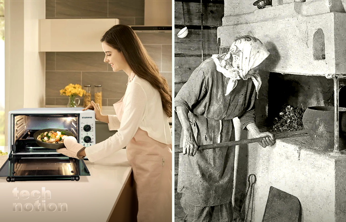 Приготовление еды в электрической печи и в русской печке / Изображение: дзен-канал technotion