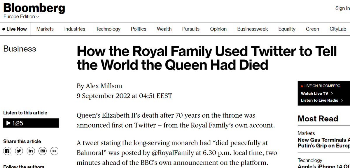 Источник https://www.bloomberg.com/news/articles/2022-09-09/queen-s-elizabeth-ii-s-death-royal-family-used-twitter-to-break-news?utm_content=bloomberguk&utm_medium=social&cmpid%3D=socialflow-twitter-bloomberguk&utm_source=twitter&utm_campaign=socialflow-organic , скриншот-цитата 