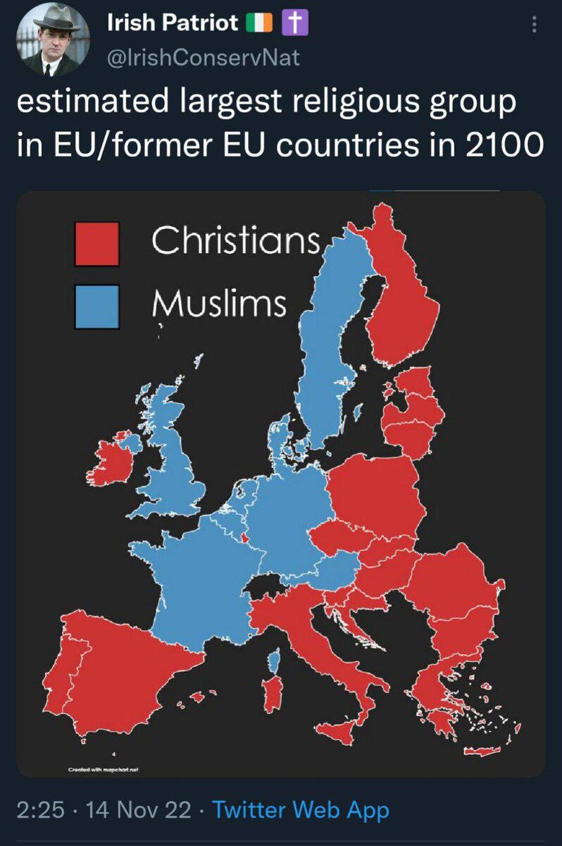 Прогноз крупнейшей по численности религиозной группы в странах Европы в 2100 году. Красный цвет - христиане, синий - мусульмане - https://t.me/infantmilitario