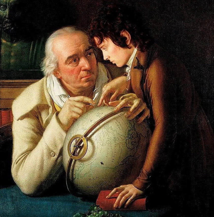 Фрагмент картины А-Л Жироде-Триозон «Урок географии» 1803. В левой руке у ребенка «Записки о Галльской войне» Цезаря. Вместе с отцом они ищут на глобусе те места о которых говорится в книге.