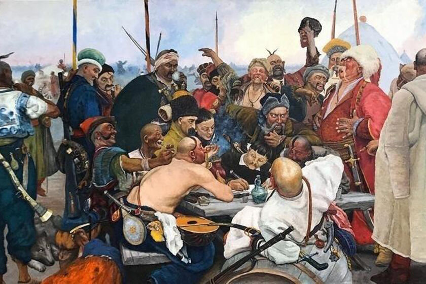 Известная картина И. Репина - иллюстрация к скандальному письму, написанному запорожскими казаками турецкому султану. Однако, несмотря на свою скандальную славу, в нем всего пара слов, которые вызывают сомнения с точки зрения цензуры. А все остальное - эвфемизмы. Да, оскорбления, но вполне цензурные.