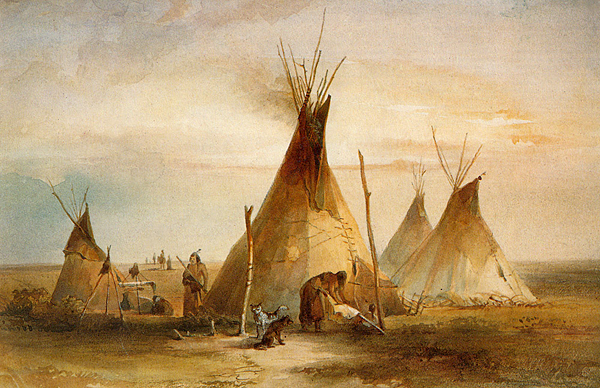 Типи, традиционное жилище индейцев племени лакота. Акварельный рисунок швейцарского художника Карла Бодмера, 1833 год.