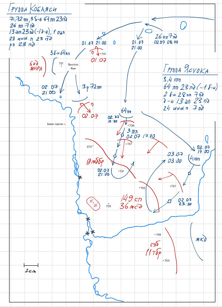 Боевые действия 1-2 июля. Пока группа Ясуока атакует советские войска к востоку от реки, группа Кобаяси подкралась к месту переправы. Маленькое озеро к северу от Баин-Цагана - это озеро Таг-Нур (в западной литературе оно называется озеро Таги). 