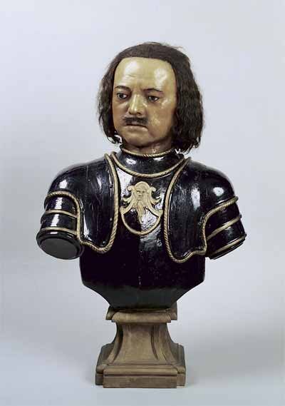 Бартоломео Карло Растрелли. Портрет Петра I. Бюст. 1719. Воск и гипс раскрашенные, парик из волос Петра I, глаза – стекло, эмаль.