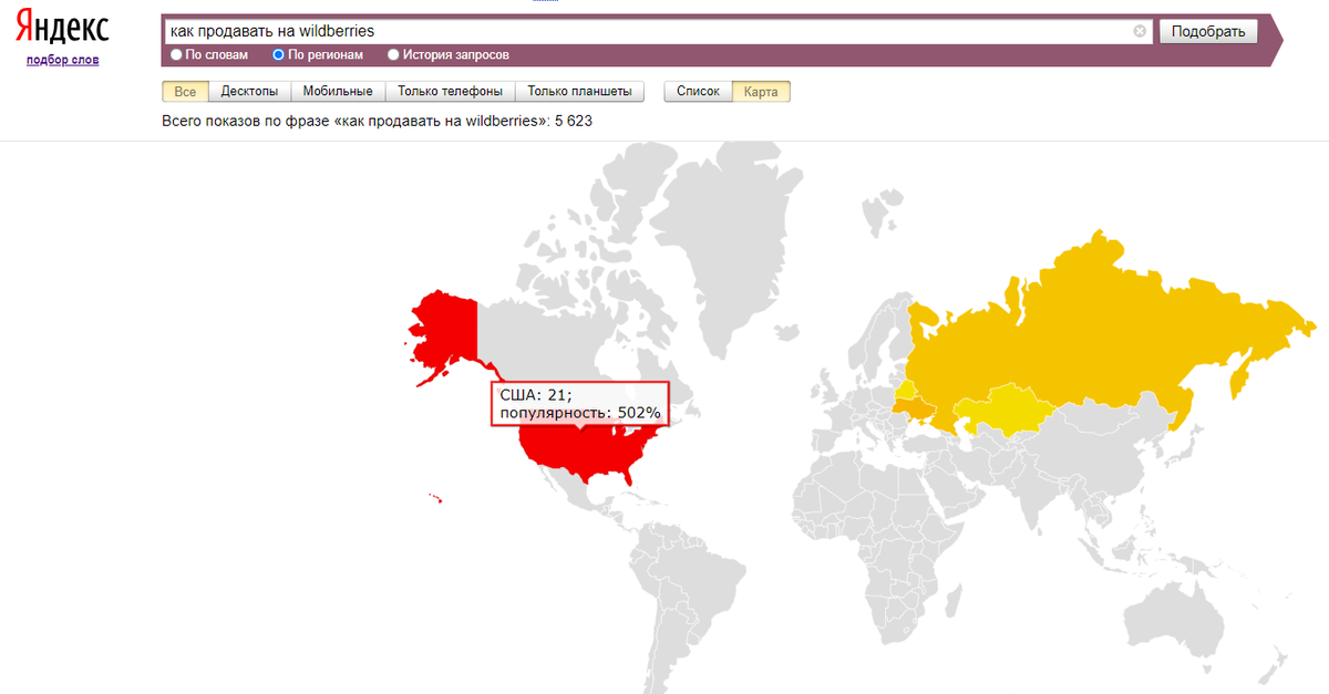 Популярность запроса за последний месяц "как продавать на wildberries" согласно сервису Яндекс Вордстат.