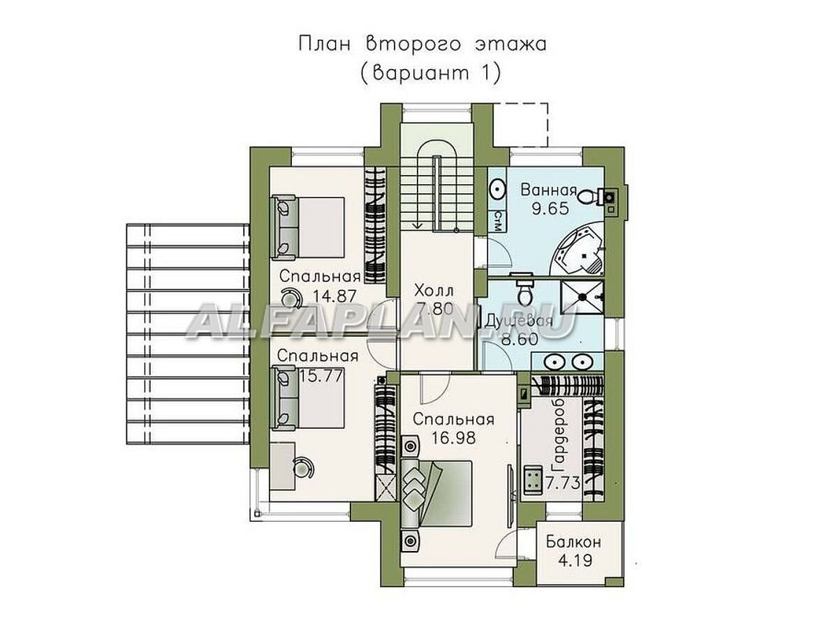 2 этаж – зона приватного отдыха с холлом в качестве центрального связующего звена:
· мастер спальня с собственной душевой, гардеробом и выходом на балкон
· 2 удобных спальни с встроенными шкафами и небольшим рабочим местом
· 2 варианта планировки большой ванной (с дополнительной душевой кабиной или без нее).