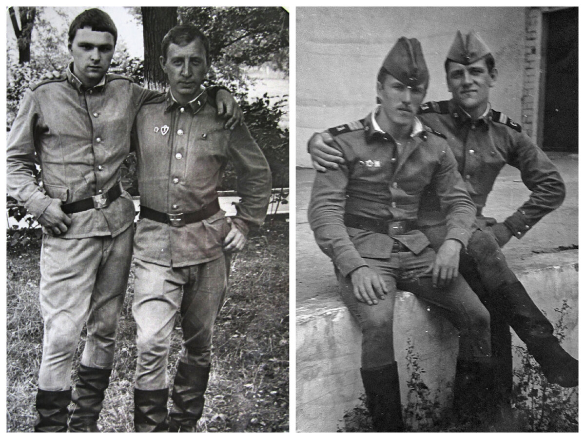 На фото слева- наши возрастные сослуживцы. 1976 год. А вот мужу моей сестры (он на правом фото справа) повезло: после ВУЗа он попал в спортроту и избежал суровых трудностей службы. Оба фото из личного архива автора.
