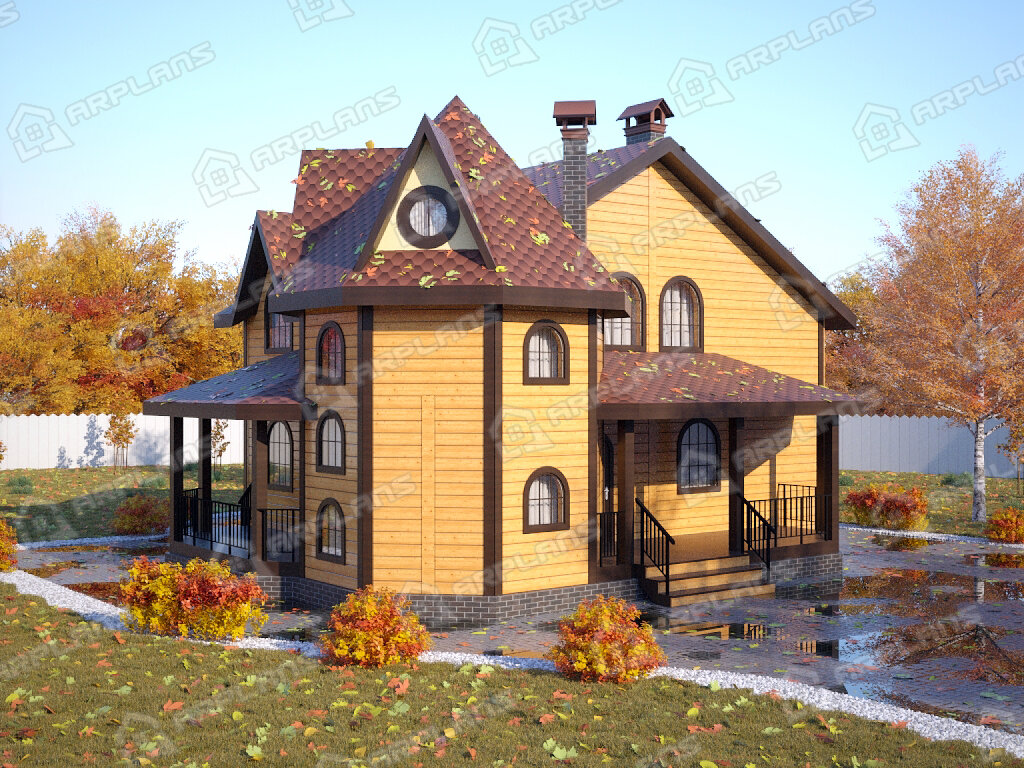 Фото 2 двухэтажного дома из бруса с мансардой, 3 спальнями, кабинетом, сауной, эркером, газовой котельной и террасой. Общая площадь 194 кв м. Источник arplans.ru Проект ДС-074 