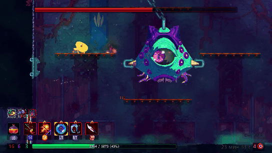 Приходится постоянно прыгать по платформам и близко подбираться к боссу