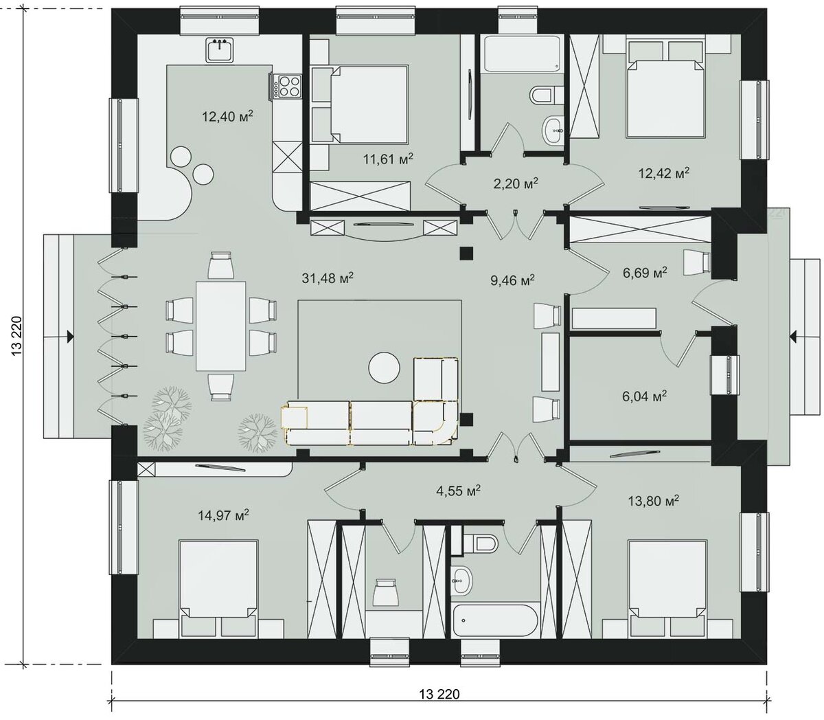 БАТАЙСК 136 м2 - проект одноэтажного дома 13х13 на 4 спальни, без террасы.  | Инваполис - проекты рациональных домов | Дзен