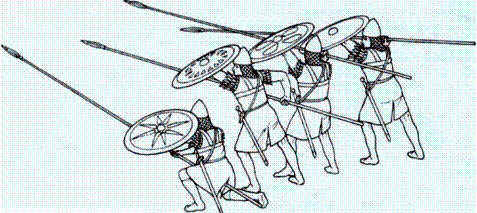 
Византийский. фулкон - пехотное построение, образуемое копейщиками с использованием, перекрытия щита одноювоина щитом соседнего и т.д., предназначалось для сдерживания натиска вражеской кавалерии. Когда же, не сумев прорвать строя, враг откатывался, через проходы, образующиеся в пехотных рядах, вперед устремлялась византийская конница, цель которой заключалась в том, чтобы рассеять бегущих неприятельских всадников.