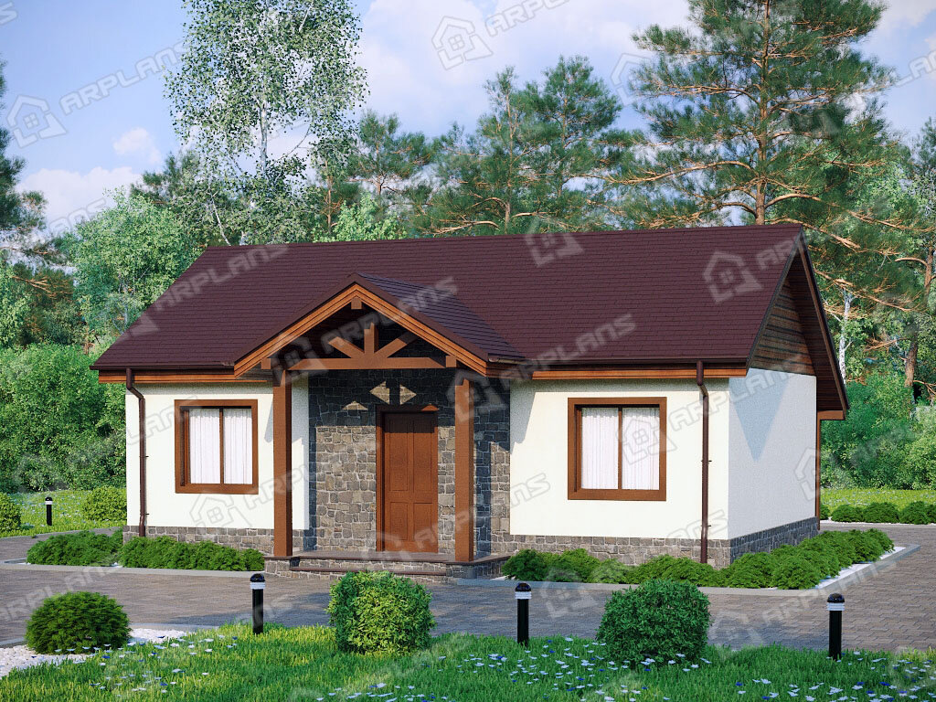 Фото 2 одноэтажного дома из газобетона с 2 спальнями и террасой. Общая площадь 56 кв м. Источник arplans.ru Проект К-205