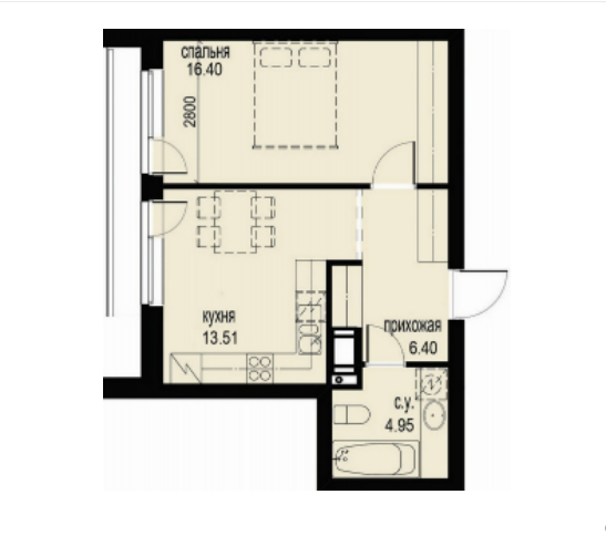 Однокомнатная квартира классической планировки общей площадью 41.98 кв.м.