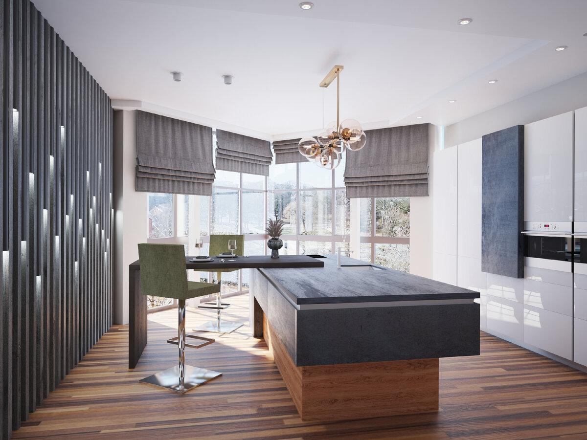 Стеновые панели в кухне-столовой - уместны и хорошо выделяют акцентную стену (3d-фото авторов).