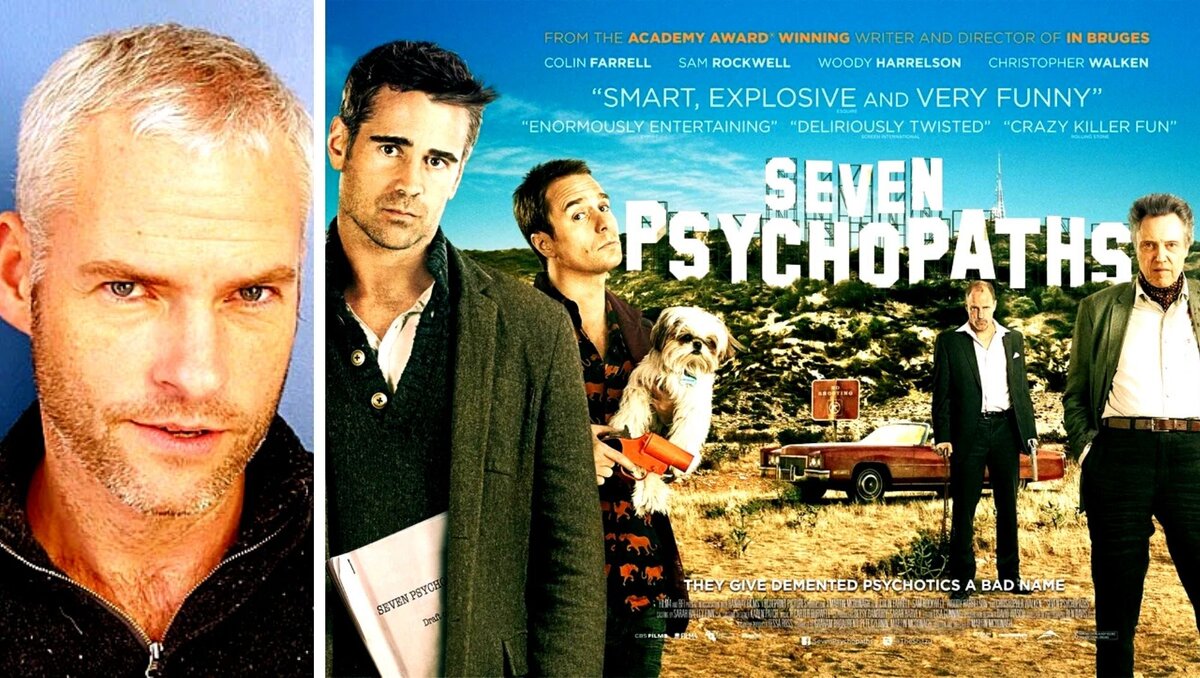 Режиссер Мартин МакДона и постер фильма “Семь психопатов”.