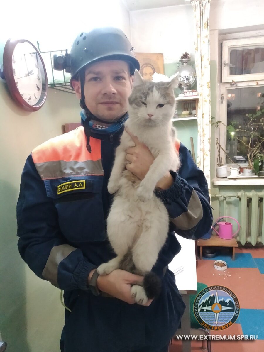 Спасённый в январе 21г котик на руках у своего спасителя