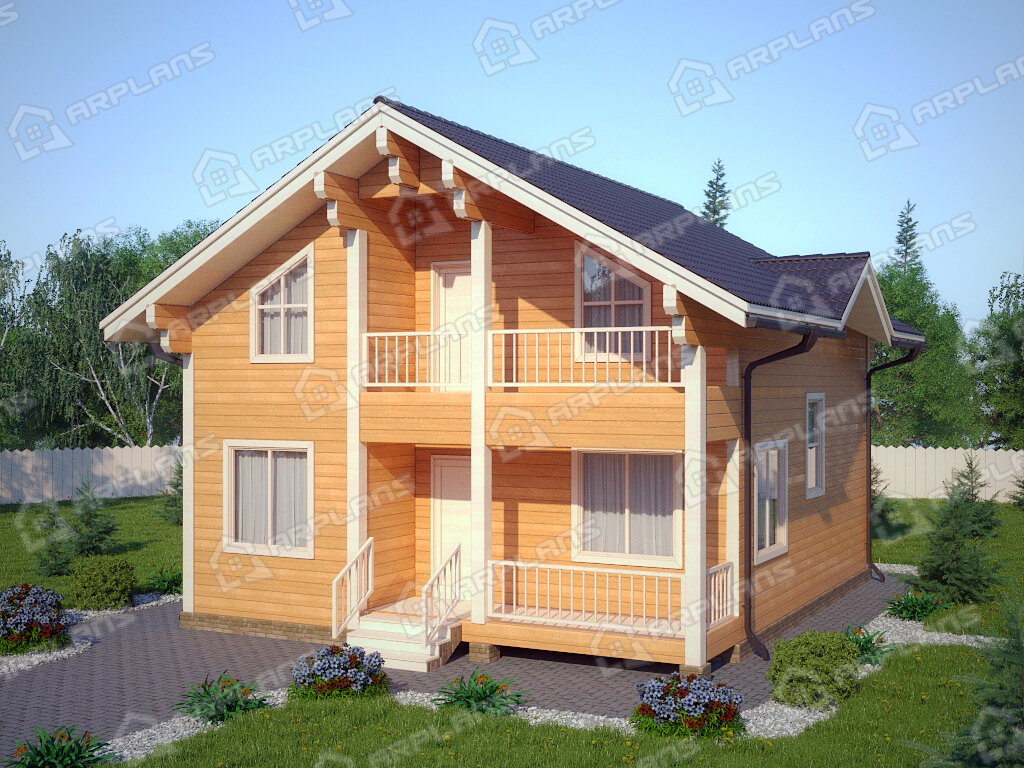 Фото 2 двухэтажного дома из бруса с мансардой, 4 спальнями, балконом и террасой. Полезная площадь 120 кв м. Источник arplans.ru Проект ДС-086