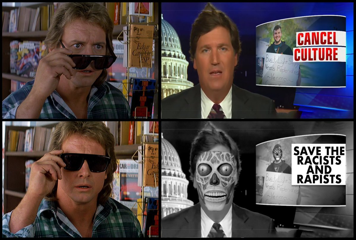 Кадры из фильма: на ферхнем фото надпись: отменить культуру, на нижнем: спасите расистов и насильников https://ya.cc/t/Uy6M7lbqth9V7