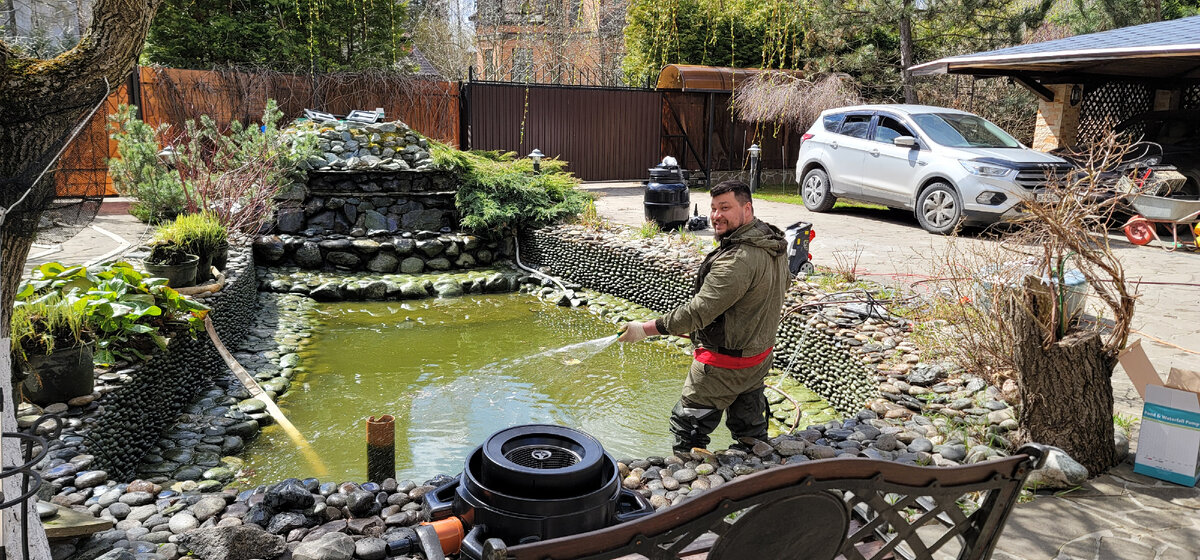 Мойка пруда с карпами Кои, дезинфекции и обслуживание оборудования 