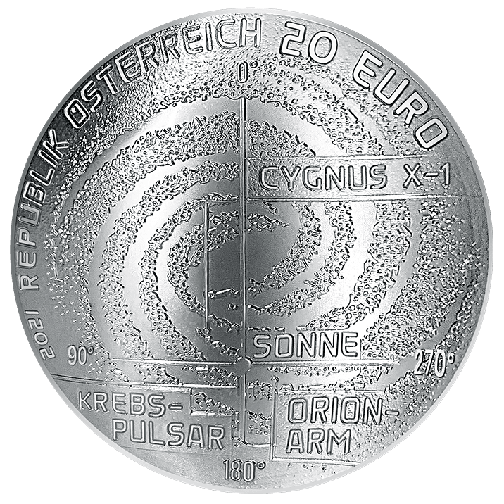 20 евро 2021 года «Млечный путь» серии «Неизведанная Вселенная» (аверс). Фото с сайта www.muenzeoesterreich.at