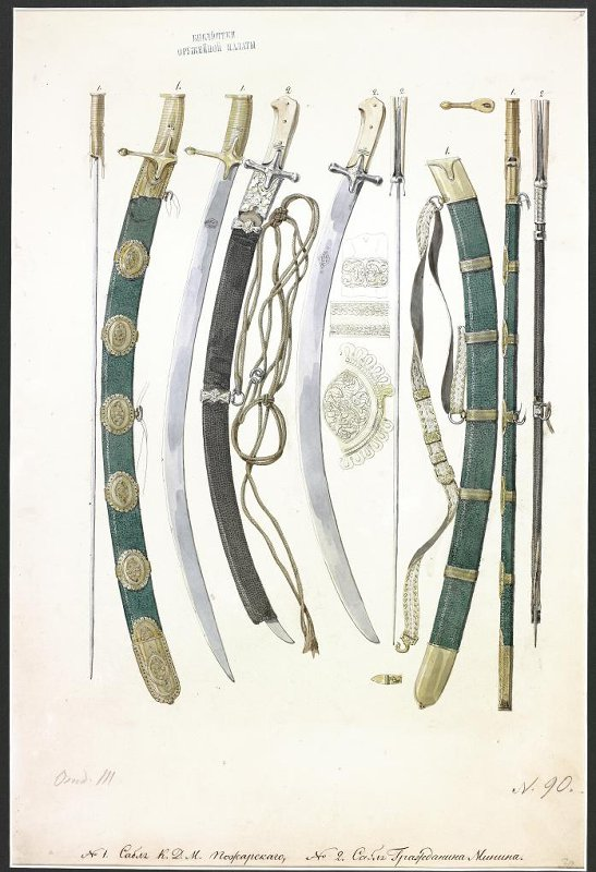 Акварель. "Сабли К. Минина и Д. Пожарского" (вид с различных сторон и фрагменты украшения). Автор акварели: Солнцев Федор Григорьевич. 1830-e гг. Из собрания Оружейной палаты Московского кремля