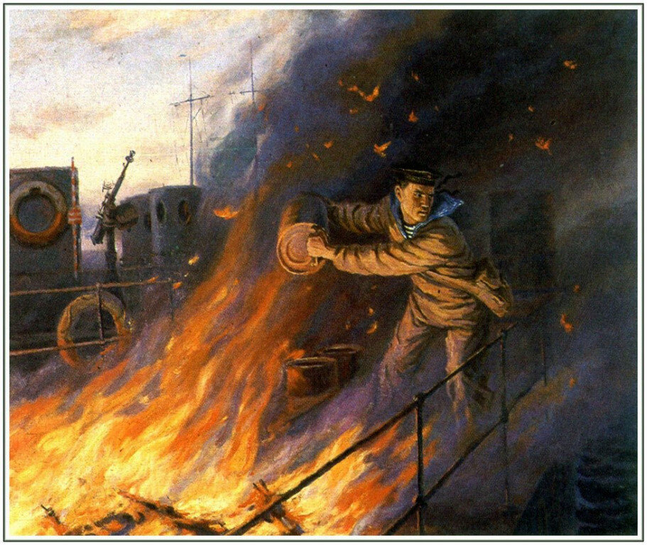 1942, 25 марта - «Подвиг краснофлотца Ивана Голубца». (Худ. П.Т. Мальцев)