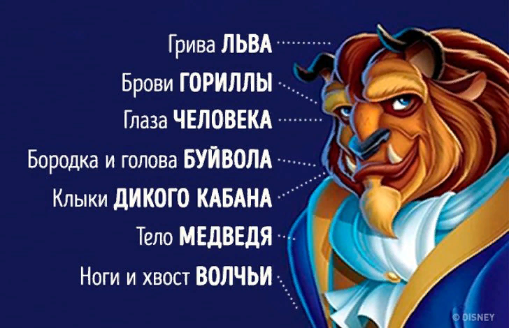 Художники очень долго создавали образ Чудовища. В итоге было решено наградить его внешними признаками 7 разных животных. Голубые же глаза Чудовищу достались от принца, в которого он в результате превратился.